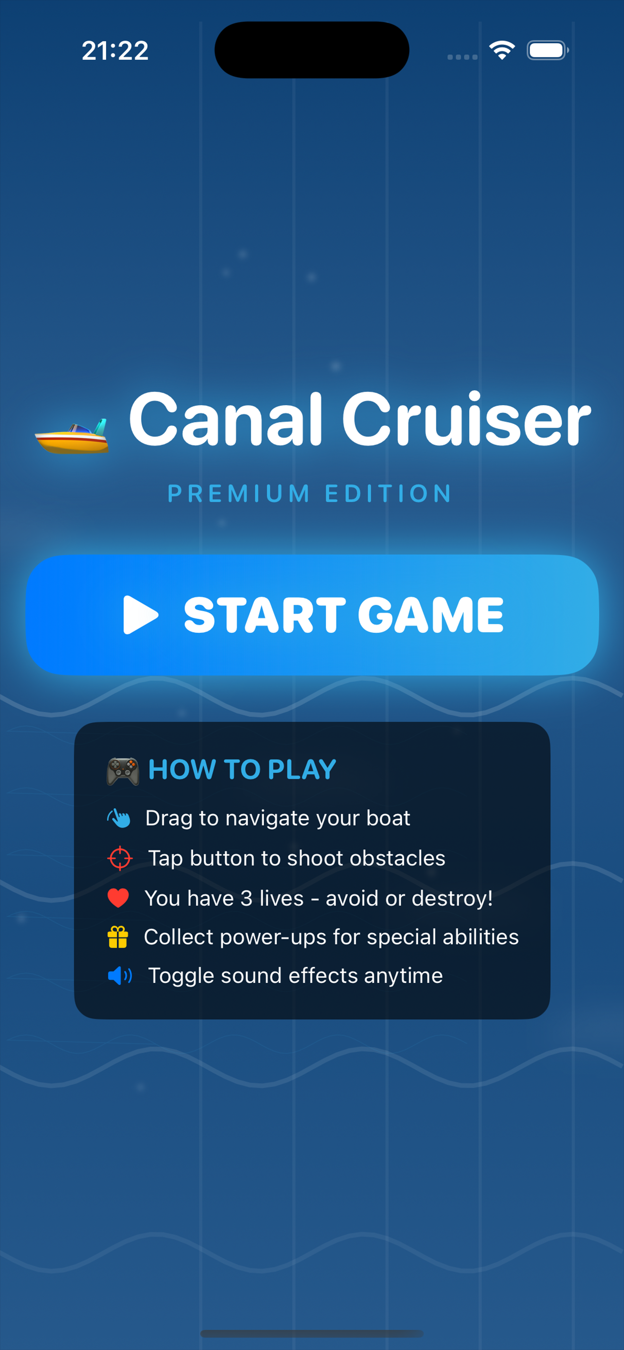 Ocean Cruiser main menu showing Canal Cruiser Premium Edition with start game button and how to play instructions